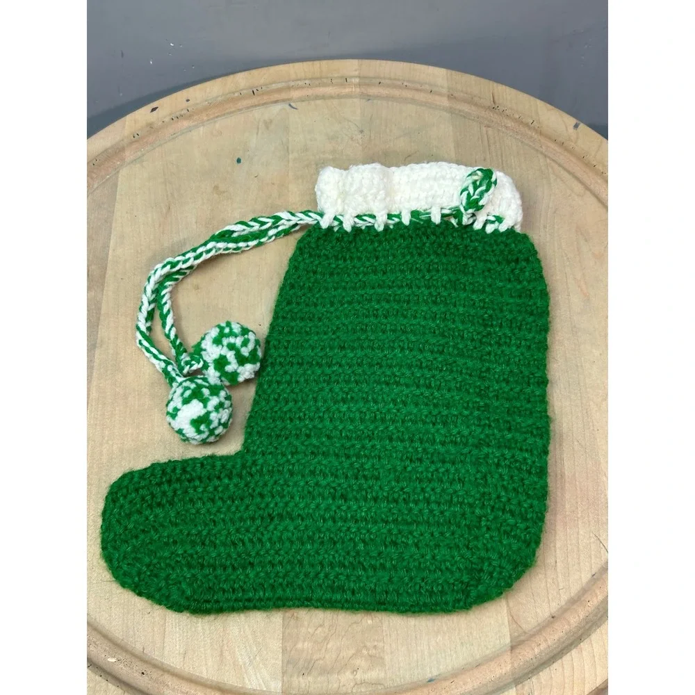 Handmade Green‎ Crochet Christmas Stocking Snowman Green White Trim Pom Poms